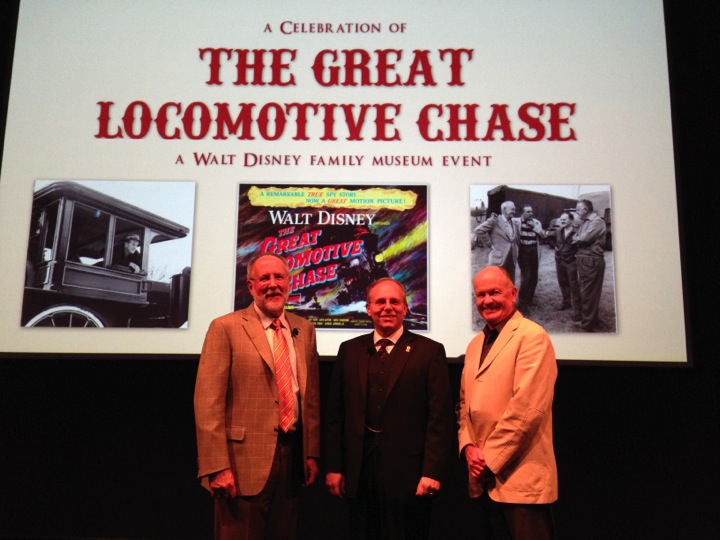 From left to right: Joel Fritsche, Imagineer & steam train expert; Michael Campbell, President of the Carolwood Pacific Historical Society; and Harrison Ellenshaw, painter & visual effects artist