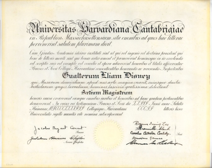 Walt's Master of Science degree from Harvard University; courtesy Walt Disney Family Foundation