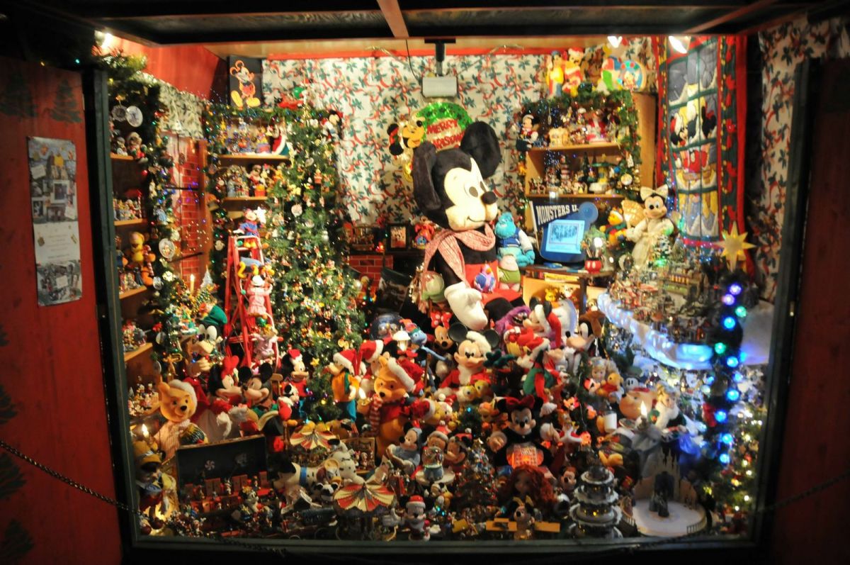 Garage window display of the Mickey Mouse Christmas House in Marinwood, CA, photo courtesy Mize family