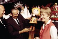 Marc Davis, Walt Disney, and Mary Blair with ”it’s a small world” attraction at a Walt Disney Studios sound stage, pre-World’s Fair 1964–65; courtesy of the Photo Library at the Walt Disney Archives, © Disney